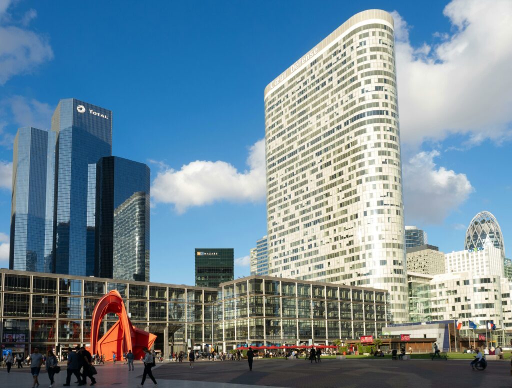 Skyline of La Défense, Paris featuring modern skyscrapers and urban design.
